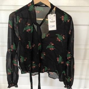Zara Floral Black Blouse with Neck Tie (Women's S)